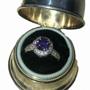 SILVER Tone Simulated Amethyst Halo Ring w Filigree Setting Sturdy Costume s6.75